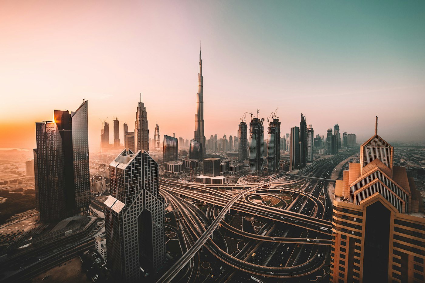 Downtown Dubai and the Burj Khalifa at sunrise